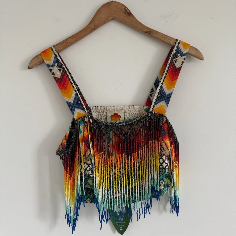 FARM Rio Multicolor Beaded Fringe Crop Top - Picture 1 of 7